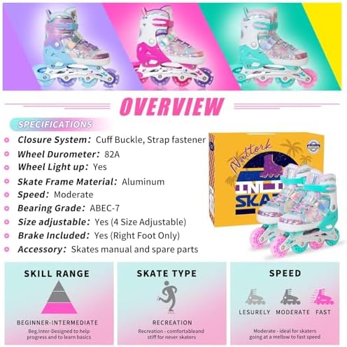 Nattork Girls Inline Skates for Kids Boys, 4 Sizes Adjustabl...